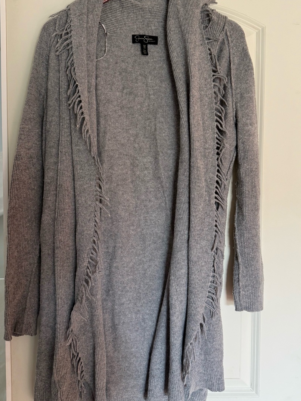 Jessica Simpson Gray Open-Front Fringe Cardigan